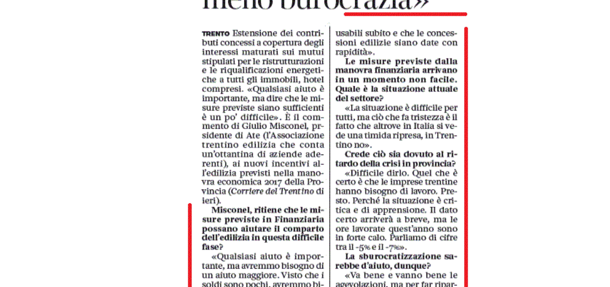 Intervento del presidente sul Corriere del Trentino del 13/09/2016